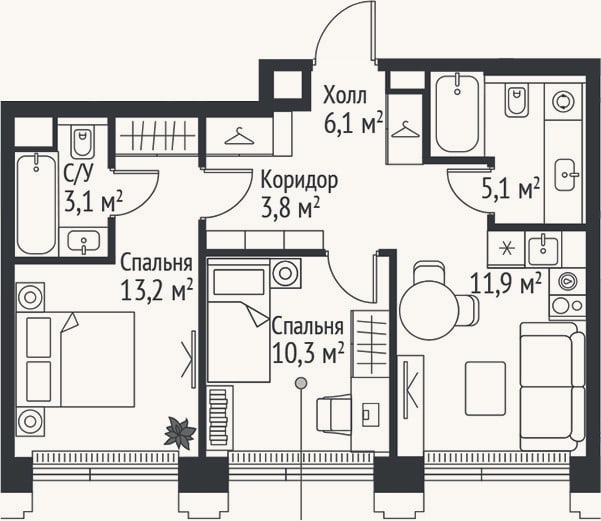 Планировка: 3-к, 53,5 м²
