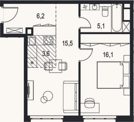 Планировка: 2-к, 46,5 м²