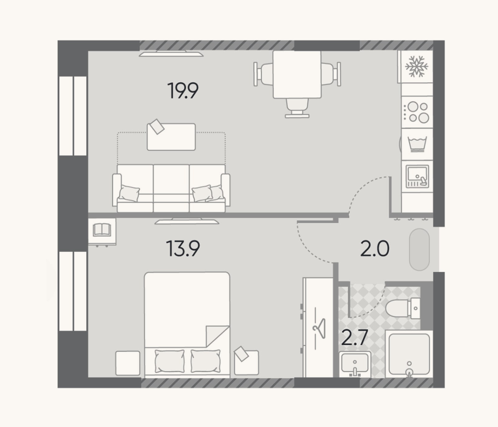 Планировка: 2-к, 38,5 м²