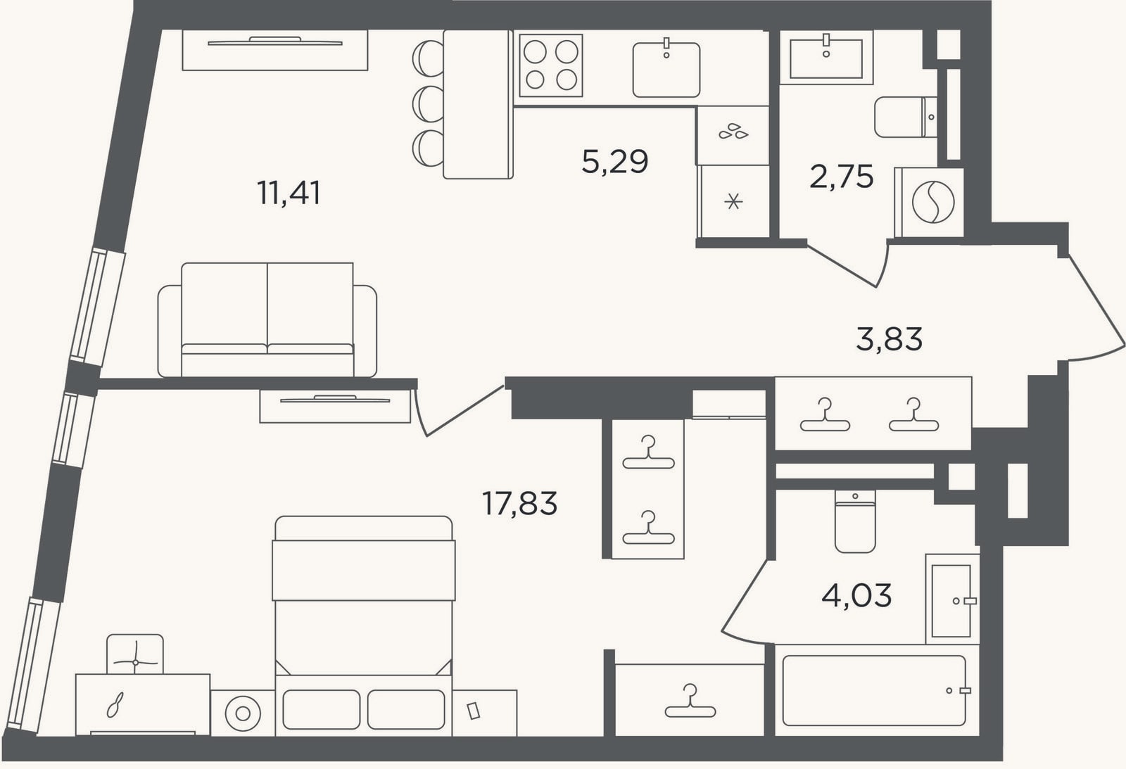 Планировка: 2-к, 45,1 м²