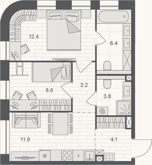 Планировка: 2-к, 50,4 м²