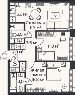 Планировка: 3-к, 60,4 м²