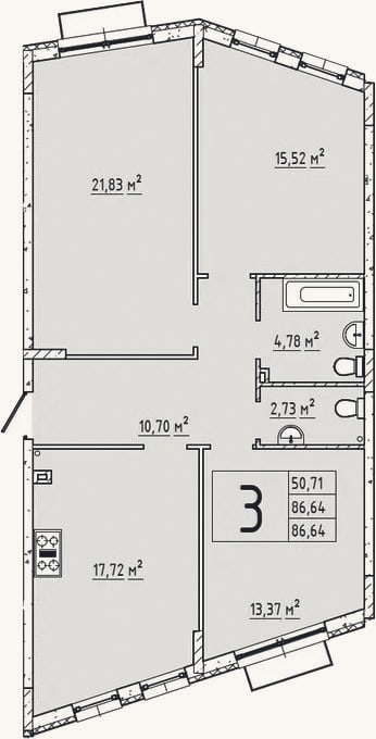Планировка: 3-к, 86,4 м²