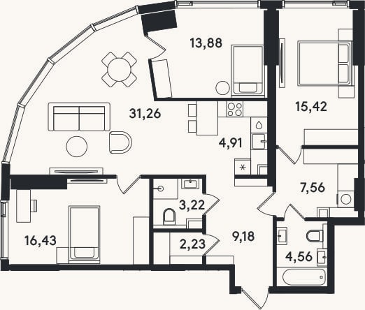 Планировка: 4+ к, 108,7 м²