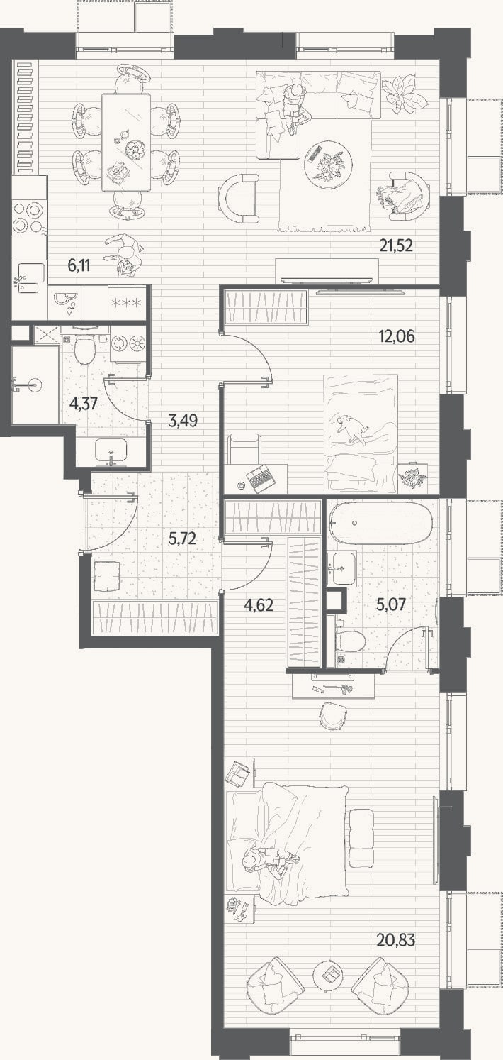 Планировка: 3-к, 83,8 м²