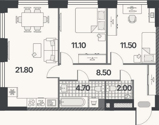 Планировка: 3-к, 59,6 м²