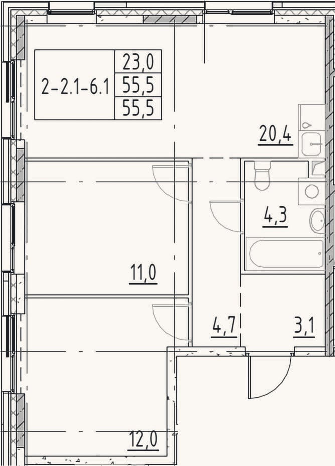 Планировка: 3-к, 55,5 м²
