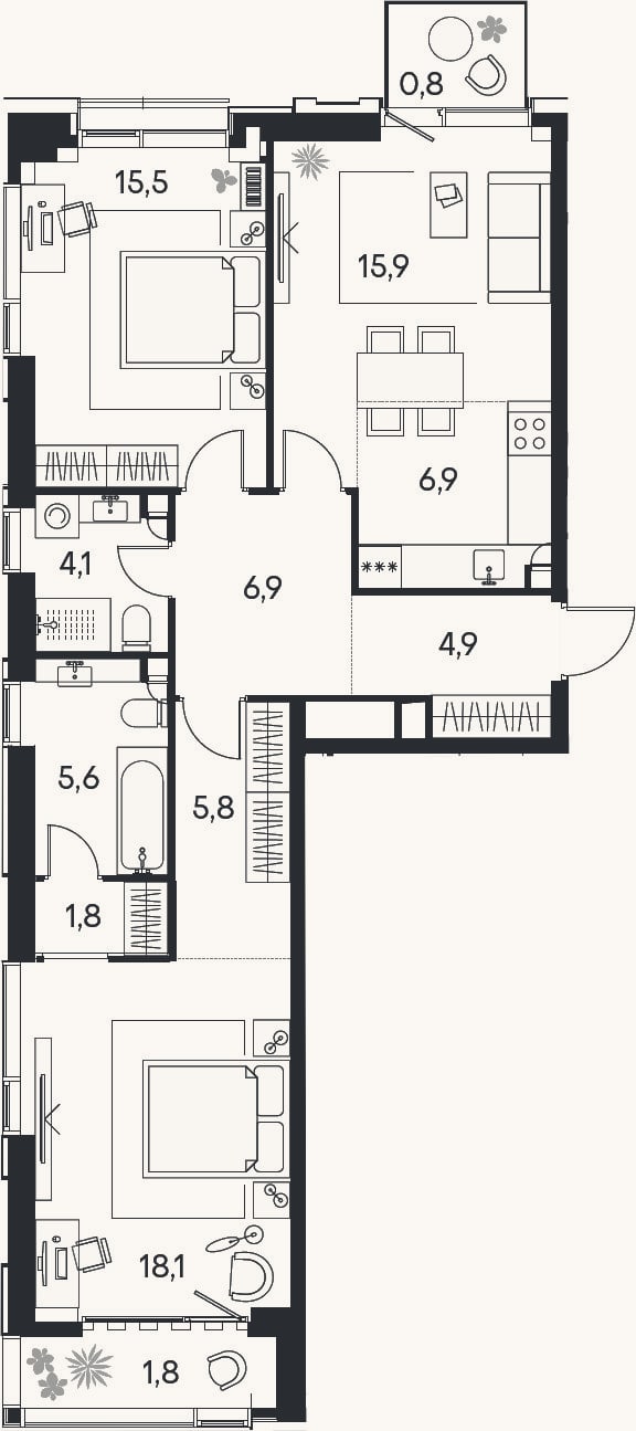 Планировка: 3-к, 85,5 м²