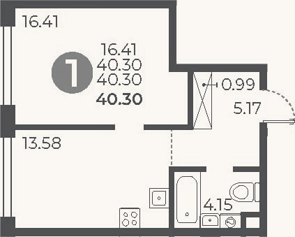 Планировка: 1-к, 40,3 м²