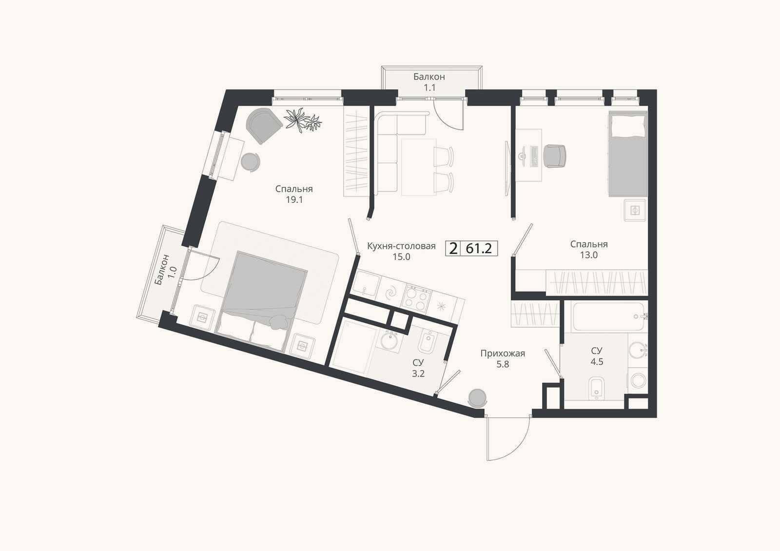 Планировка: 3-к, 60,6 м²