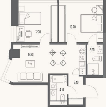 Планировка: 2-к, 57,6 м²