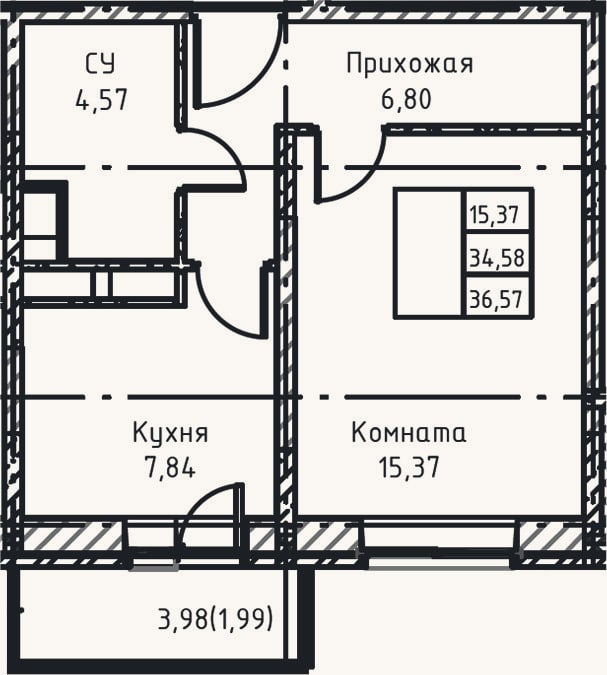 Планировка: 1-к, 34,6 м²