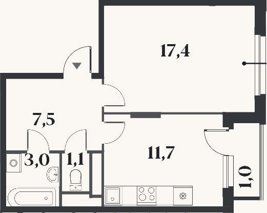 Планировка: 1-к, 40,7 м²