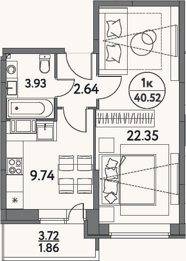 Планировка: 1-к, 38,7 м²