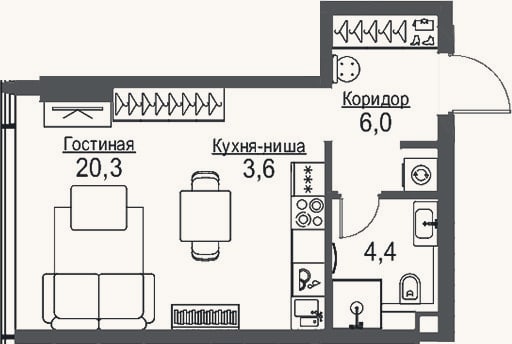 Планировка: Студия, 34,3 м²
