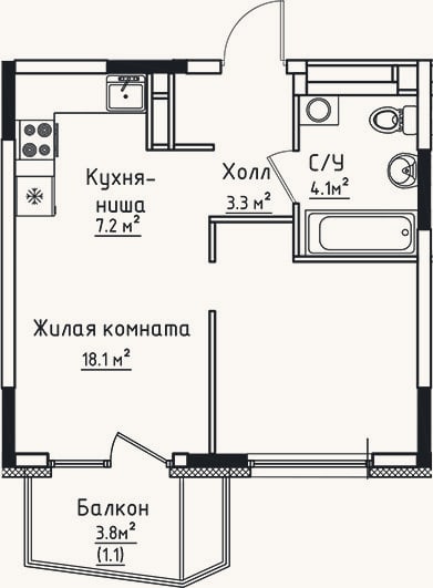 Планировка: Студия, 32,7 м²