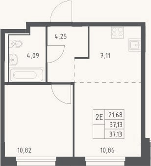 Планировка: 2-к, 37,1 м²