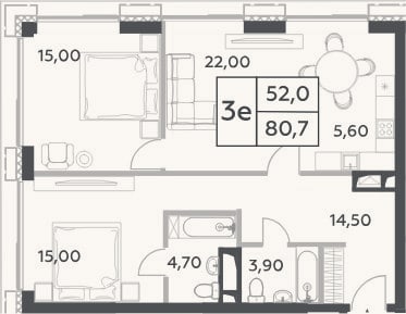 Планировка: 3-к, 80,7 м²