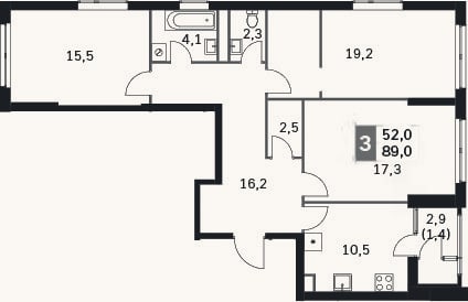 Планировка: 3-к, 87,3 м²