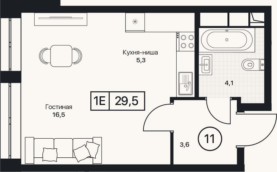 Планировка: Студия, 29,5 м²