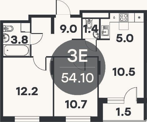 Планировка: 3-к, 52,6 м²