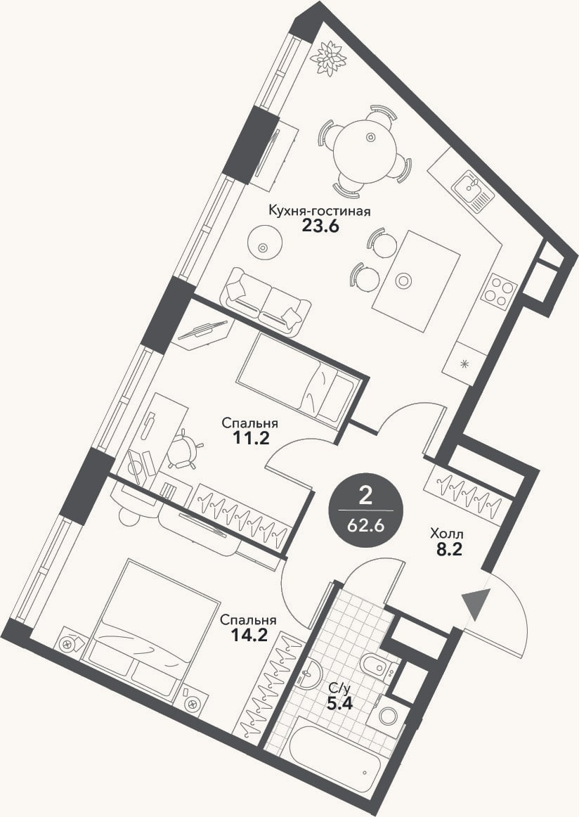 Планировка: 3-к, 62,6 м²