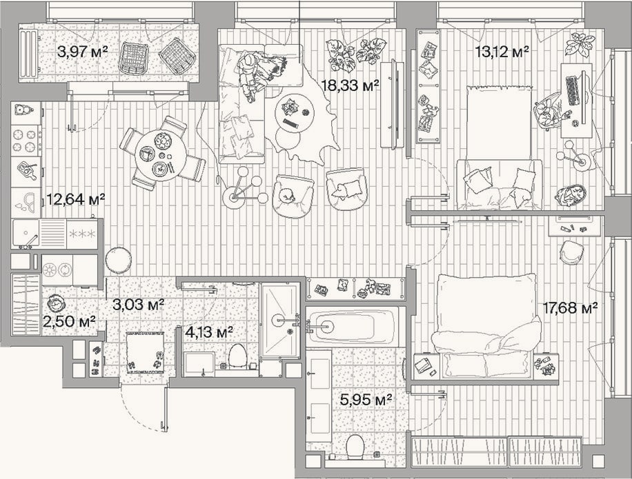Планировка: 3-к, 77,4 м²