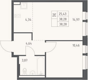 Планировка: 2-к, 38,3 м²