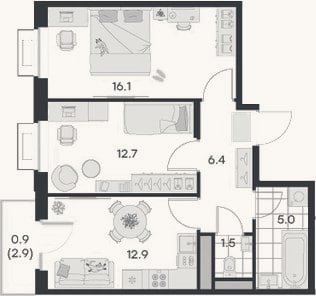 Планировка: 2-к, 54,6 м²
