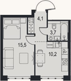 Планировка: 1-к, 33,5 м²