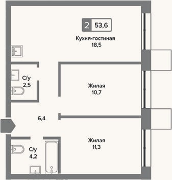 Планировка: 3-к, 53,6 м²