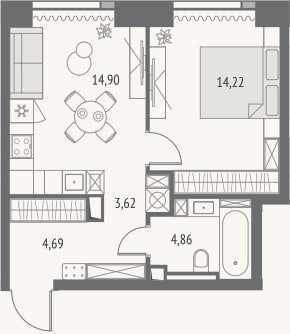 Планировка: 2-к, 42,3 м²