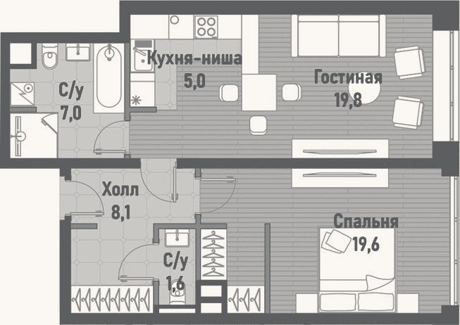 Планировка: 2-к, 61,1 м²