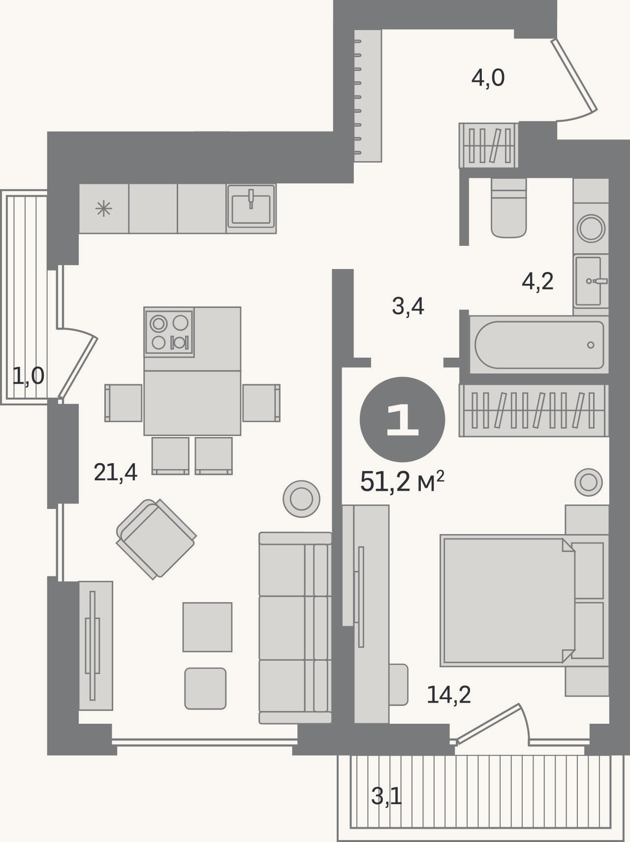 Планировка: 1-к, 47,1 м²