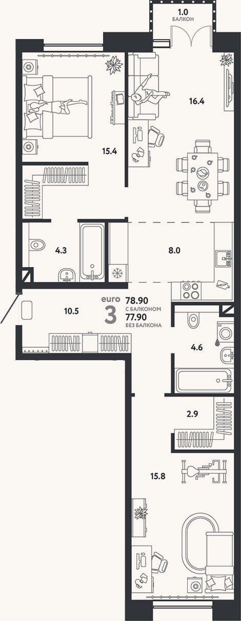 Планировка: 3-к, 77,9 м²