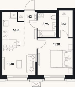 Планировка: 2-к, 37,5 м²