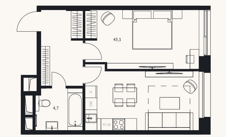 Планировка: Студия, 47,8 м²