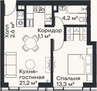Планировка: 2-к, 42,4 м²