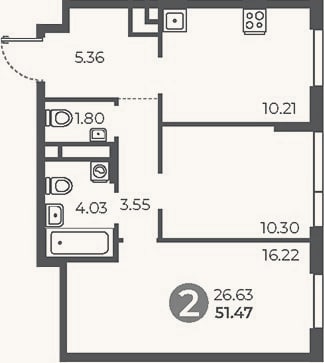 Планировка: 2-к, 51,5 м²