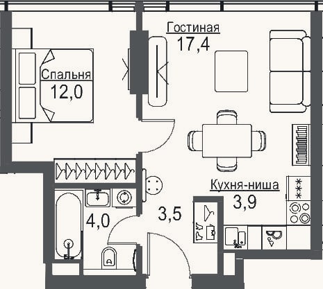 Планировка: 2-к, 41 м²