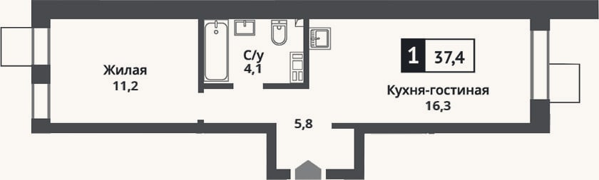 Планировка: 2-к, 37,4 м²
