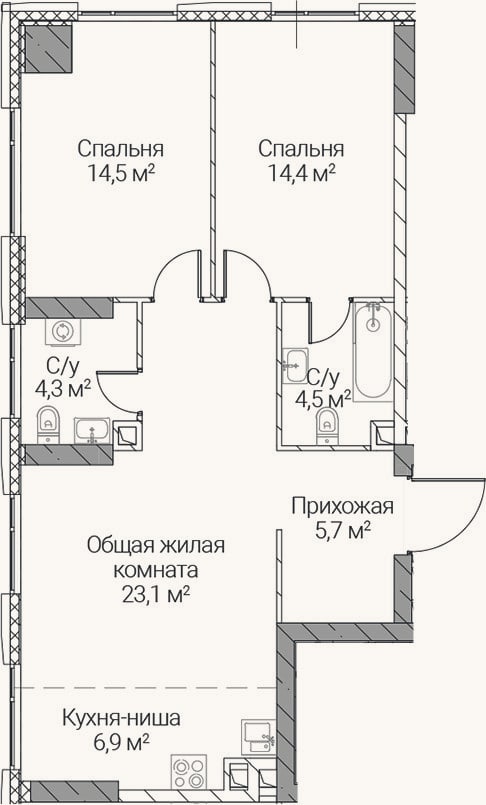 Планировка: 3-к, 73,4 м²