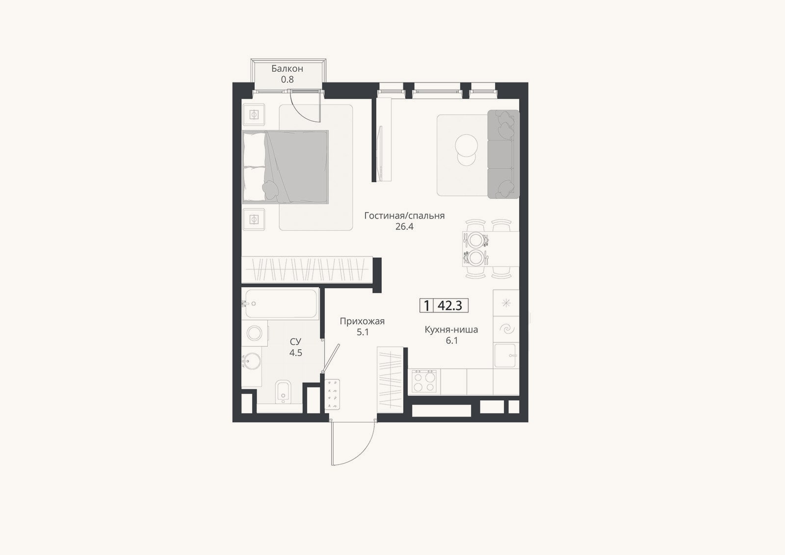 Планировка: Студия, 42,1 м²