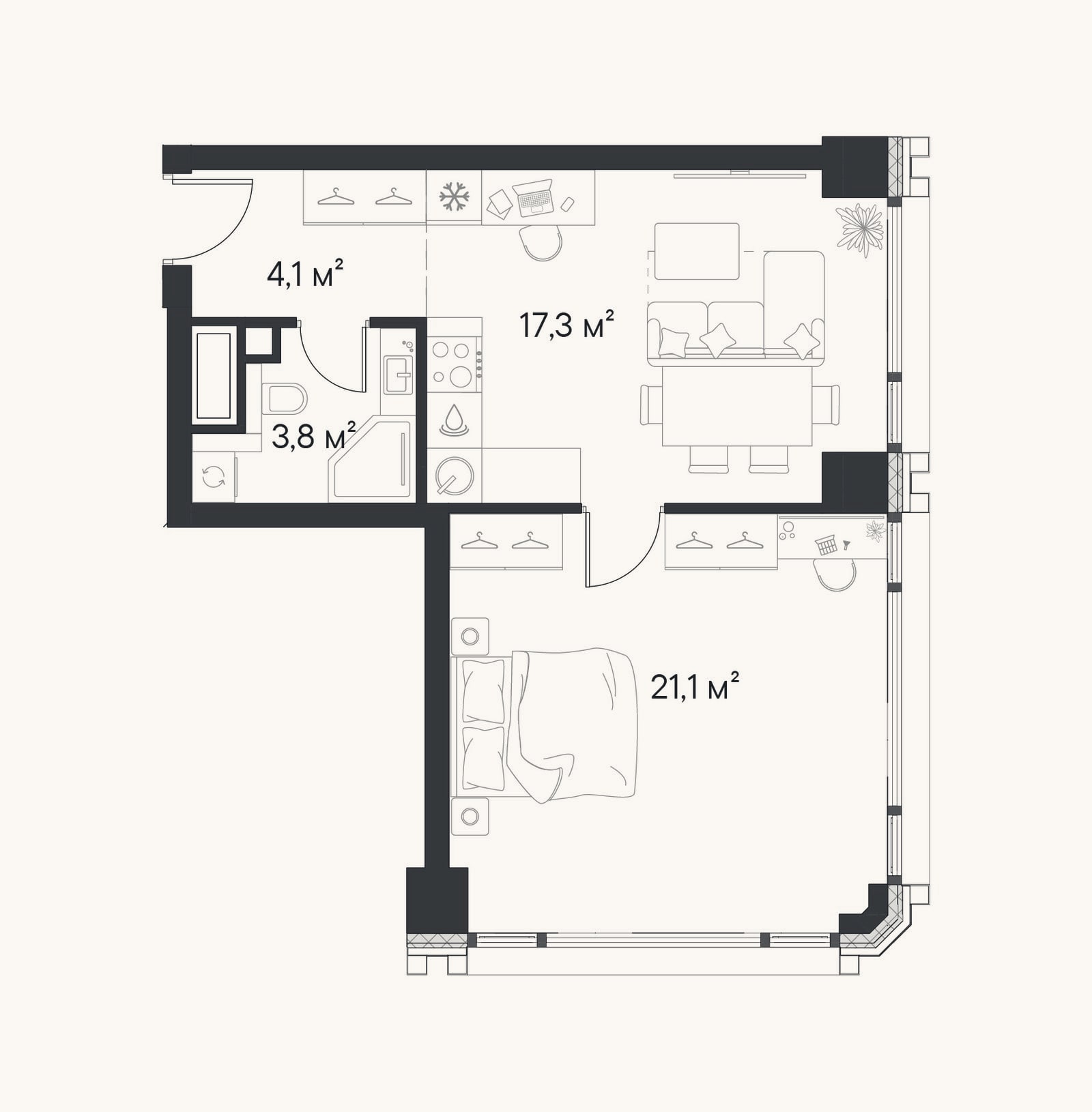 Планировка: 1-к, 46,3 м²