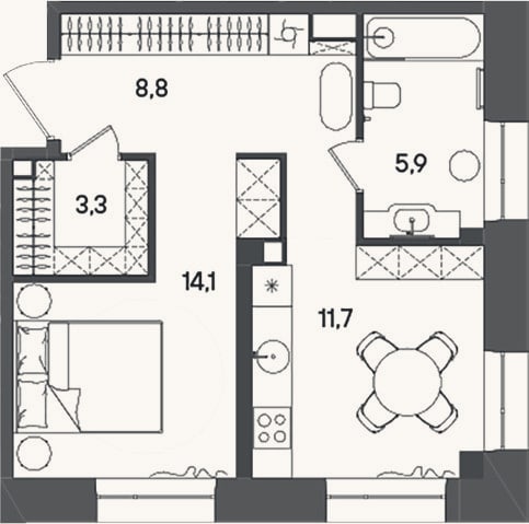 Планировка: 1-к, 43,8 м²