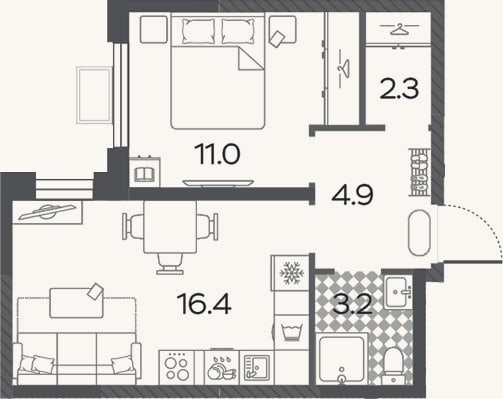 Планировка: 2-к, 37,8 м²