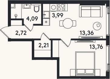 Планировка: 2-к, 40,1 м²