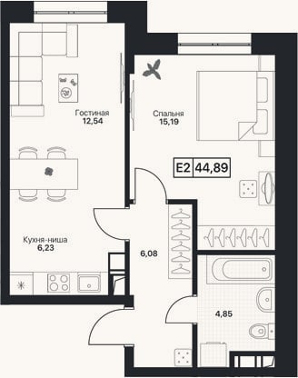 Планировка: 2-к, 44,9 м²