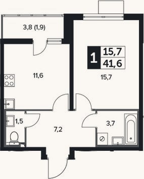 Планировка: 1-к, 39,7 м²