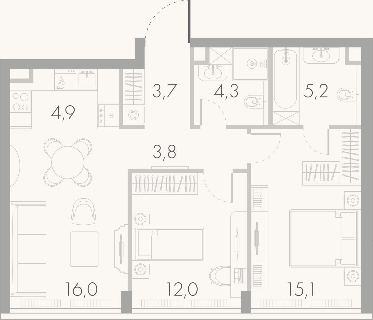 Планировка: 3-к, 63,6 м²